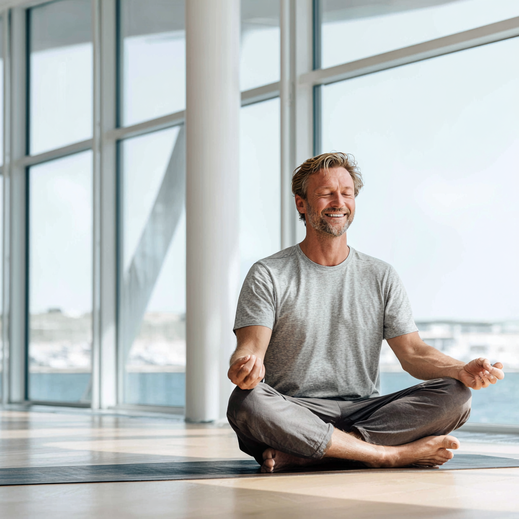 Experienced yoga instructor in her 50s with warm smile and peaceful expression, wearing natural tones, representing wisdom and tranquility