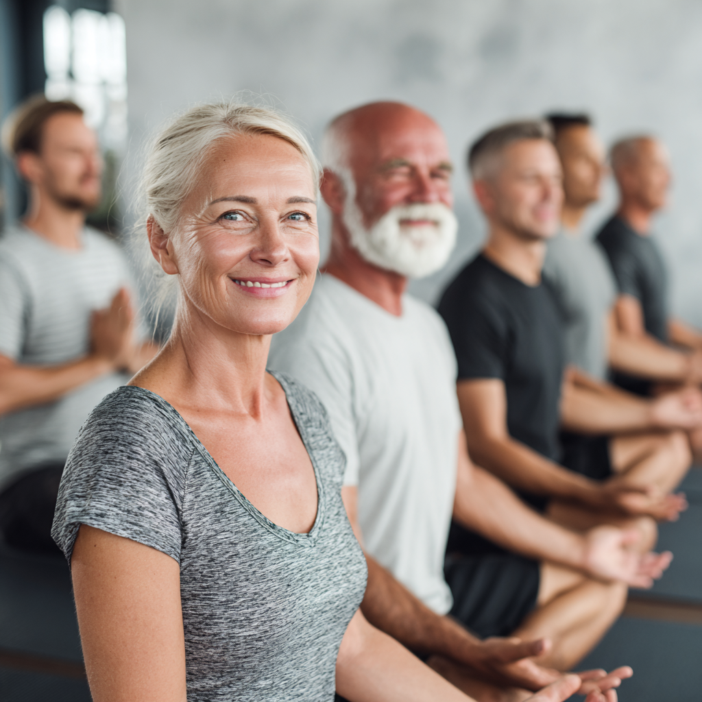 Young energetic yoga instructor in her 30s with bright smile and athletic build, wearing modern activewear, representing dynamic and vibrant teaching style